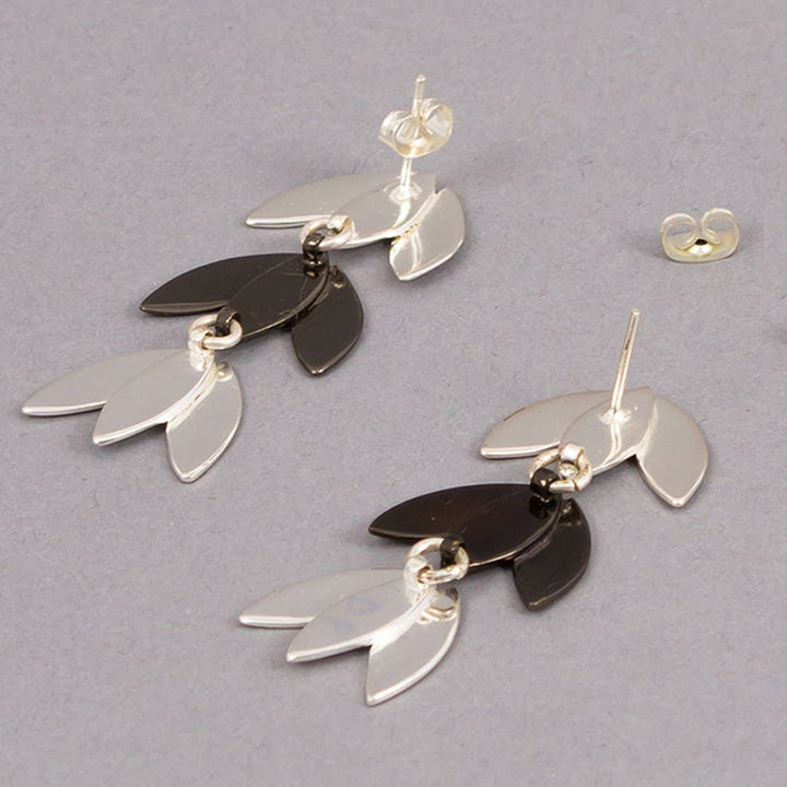 Fan Flower Dangle Earrings / Silver & Black - Brass & Ceramic / 2 X 0.75 Inches (L X W) / Moq - 4 Pairs