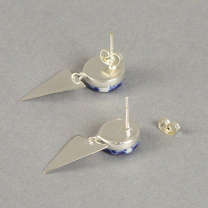 Oceanic Ceramic Stud Earrings / Silver & Blue - Brass / 1.25 X 0.5 Inches (L X W) / Moq - 4 Pairs