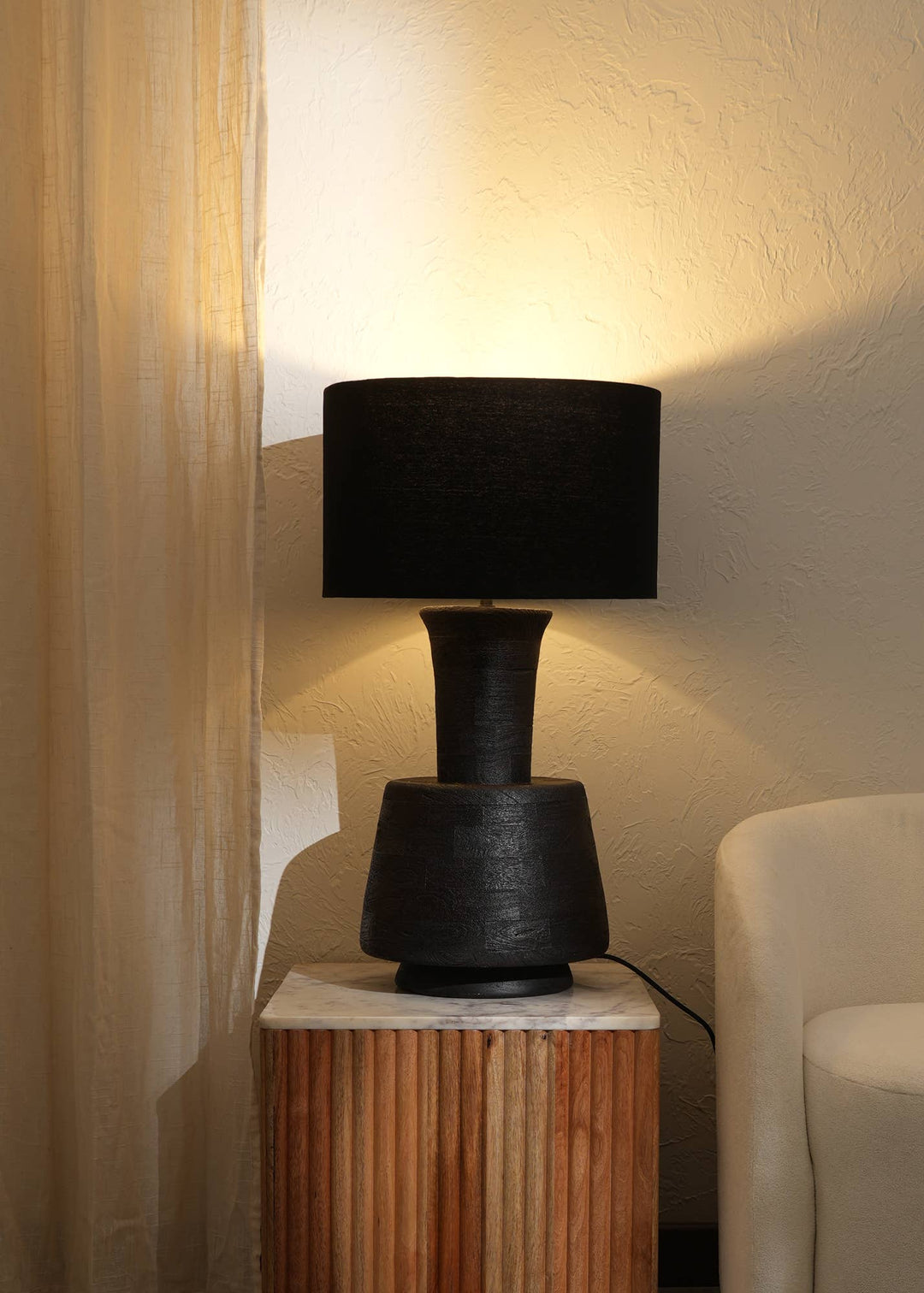 Handcrafted Wood Table Lamp with Black Fabric Shade – 16.5" x 16.5" x 29"