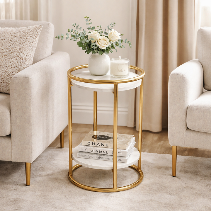 White Marble End Table | 2-Tier Gold Frame | 16x16x24" | Modern Living Room Decor