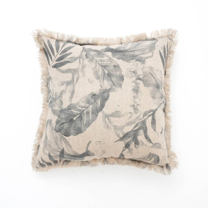 Linen Printed Cushion with Fringes (Grey)