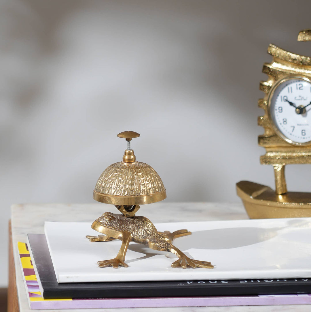 Decorative Gold-Plated Brass Finish Desk Bell in Frog Design - 6" Dia