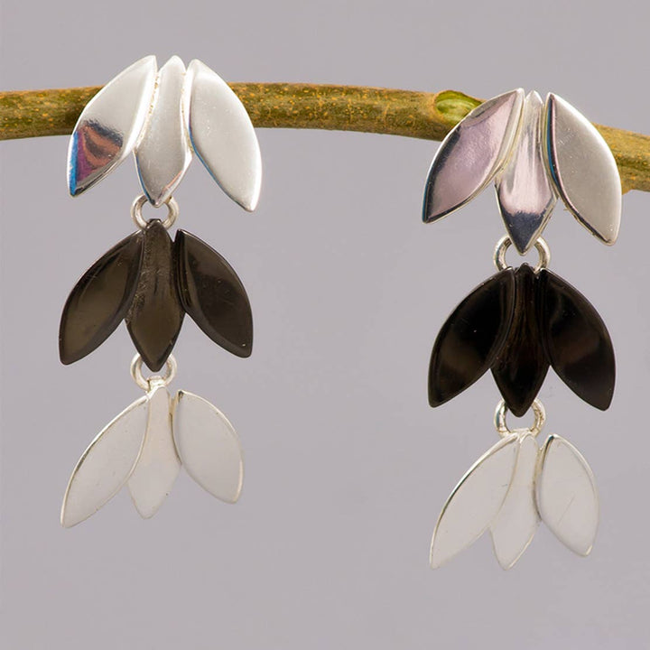 Fan Flower Dangle Earrings / Silver & Black - Brass & Ceramic / 2 X 0.75 Inches (L X W) / Moq - 4 Pairs