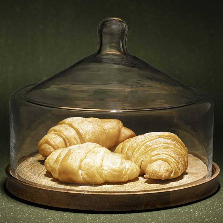 Leaf Glass Cloche With Wooden Base / Transparent / 10.5 X 10.5 X 8.25 Inches (L X W X H) / Moq - 2 Pcs