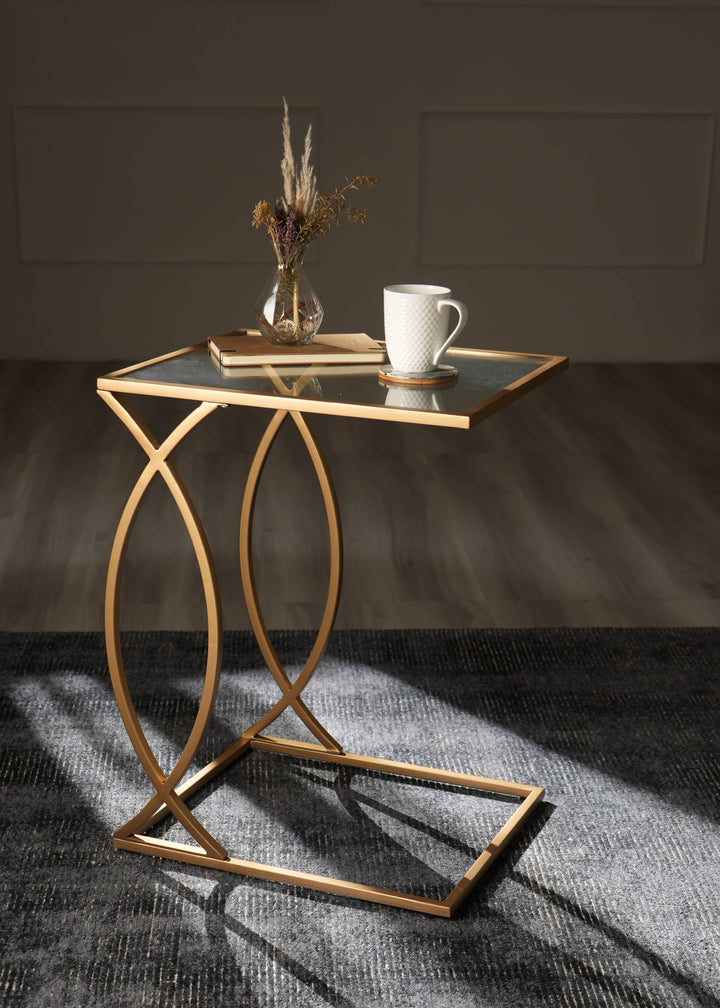 Fish-Shaped C Table with Glass Top and Golden Metal Base