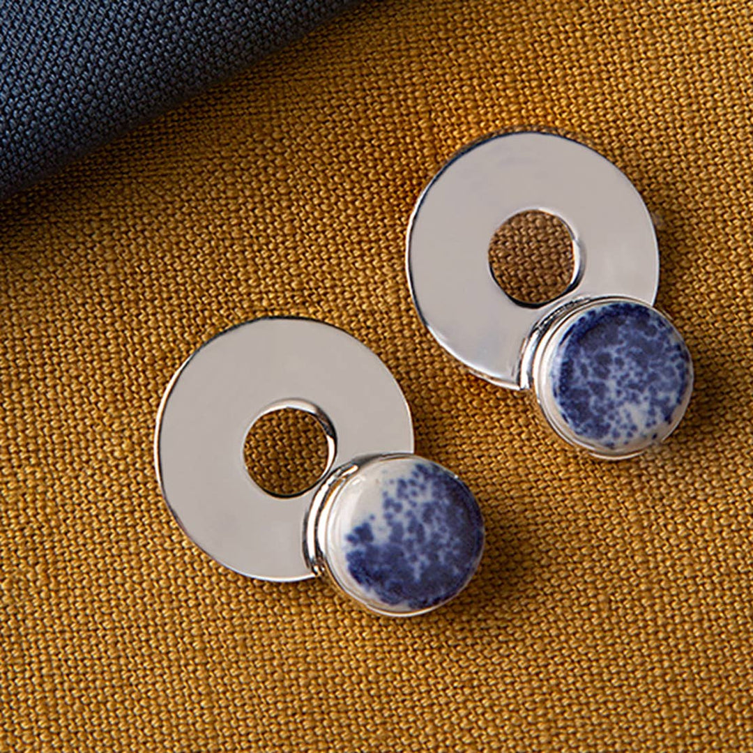 Oceanic Ceramic Stud Earrings / Silver & Blue - Brass / 1 X 0.75 Inches (L X W) / Moq - 4 Pairs