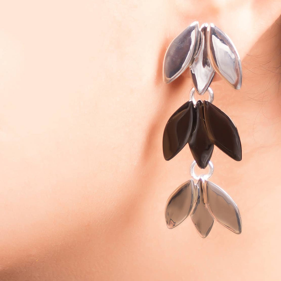 Fan Flower Dangle Earrings / Silver & Black - Brass & Ceramic / 2 X 0.75 Inches (L X W) / Moq - 4 Pairs