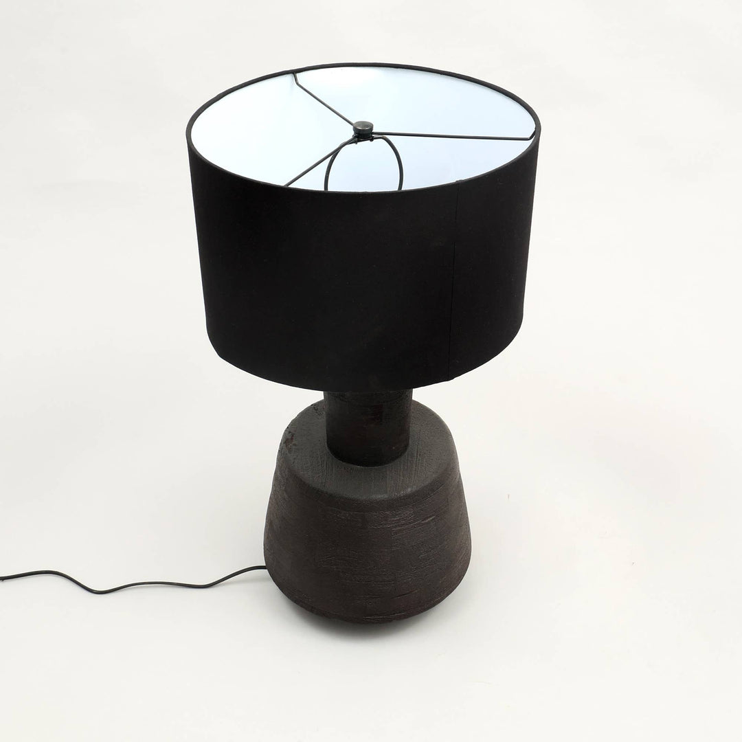 Handcrafted Wood Table Lamp with Black Fabric Shade – 16.5" x 16.5" x 29"