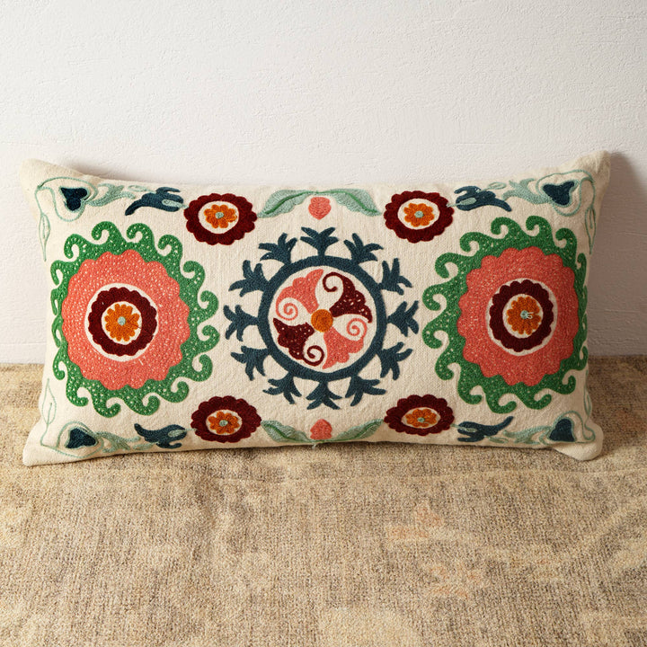 Suzani Embroidered Multicolor Lumbar Throw Pillow - 26" X 14"