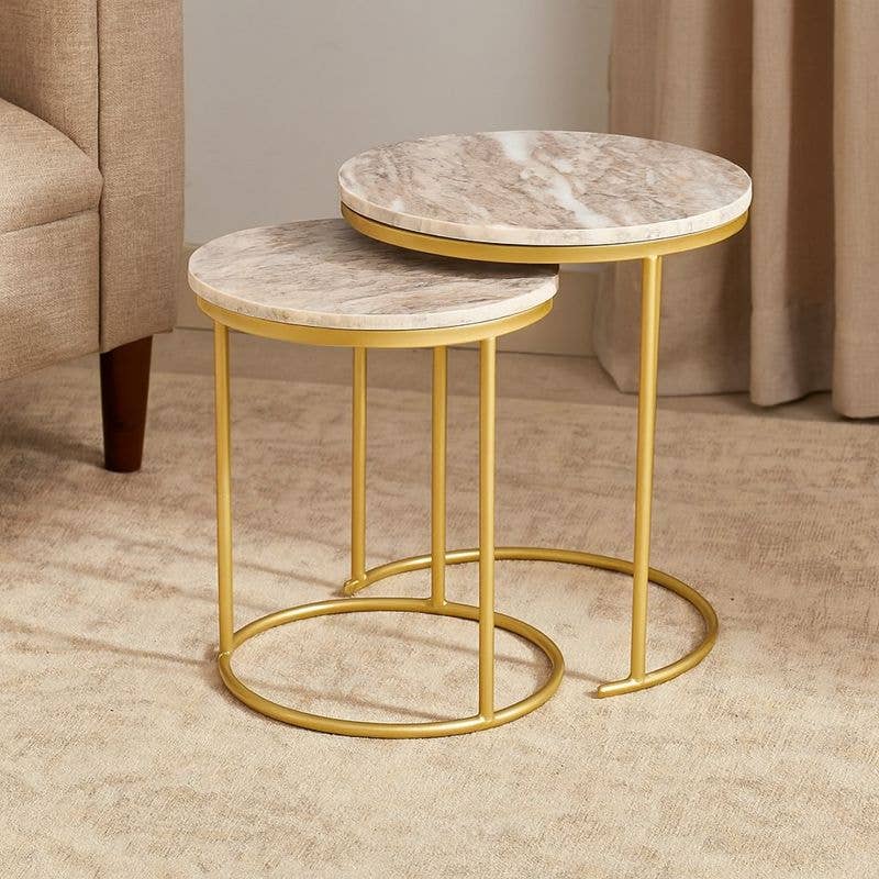 Brown Marble Nesting Tables Set of 2 with Gold Frame