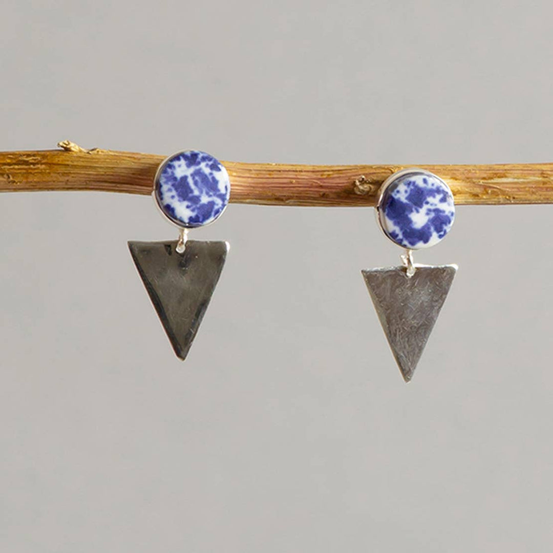 Oceanic Ceramic Stud Earrings / Silver & Blue - Brass / 1.25 X 0.5 Inches (L X W) / Moq - 4 Pairs