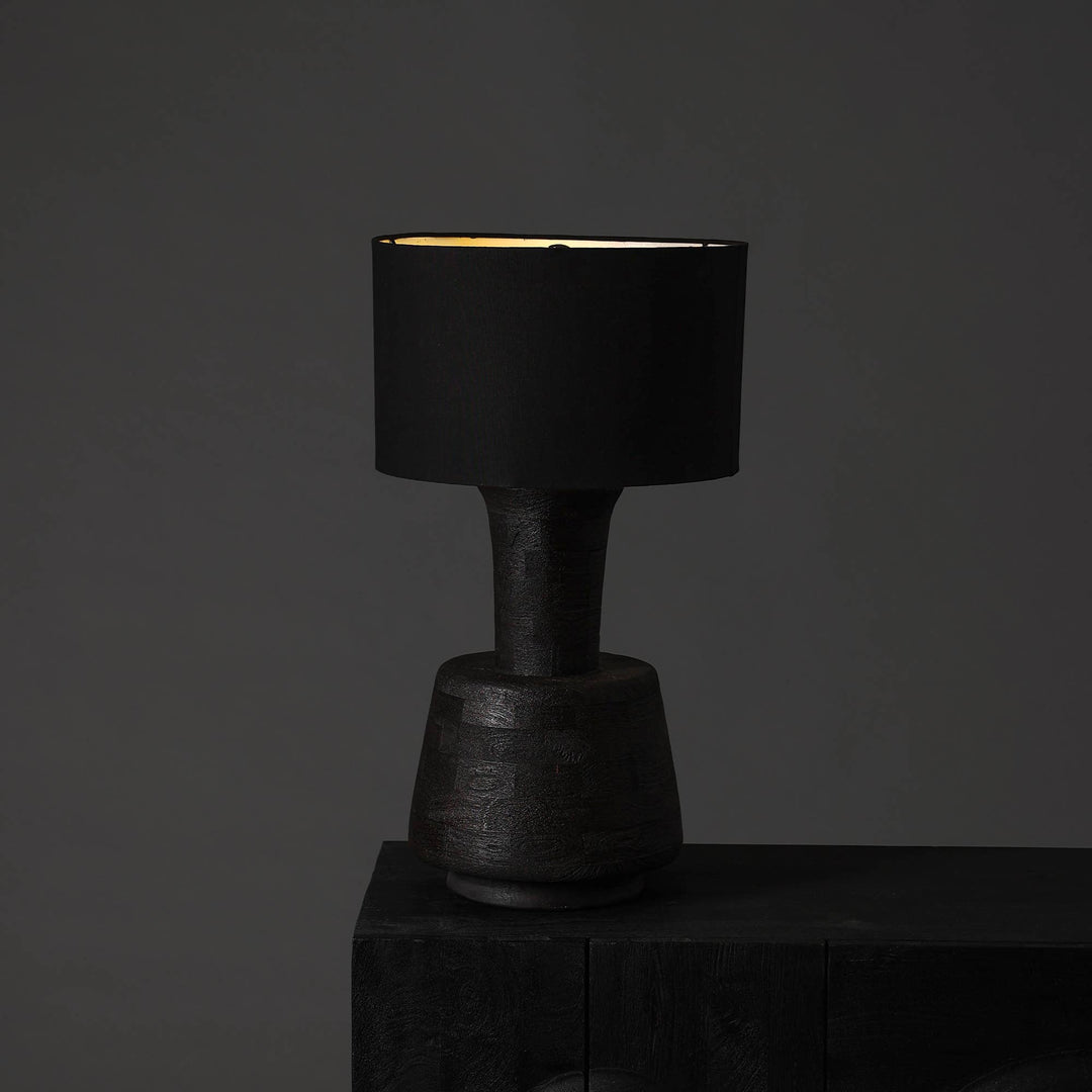 Handcrafted Wood Table Lamp with Black Fabric Shade – 16.5" x 16.5" x 29"