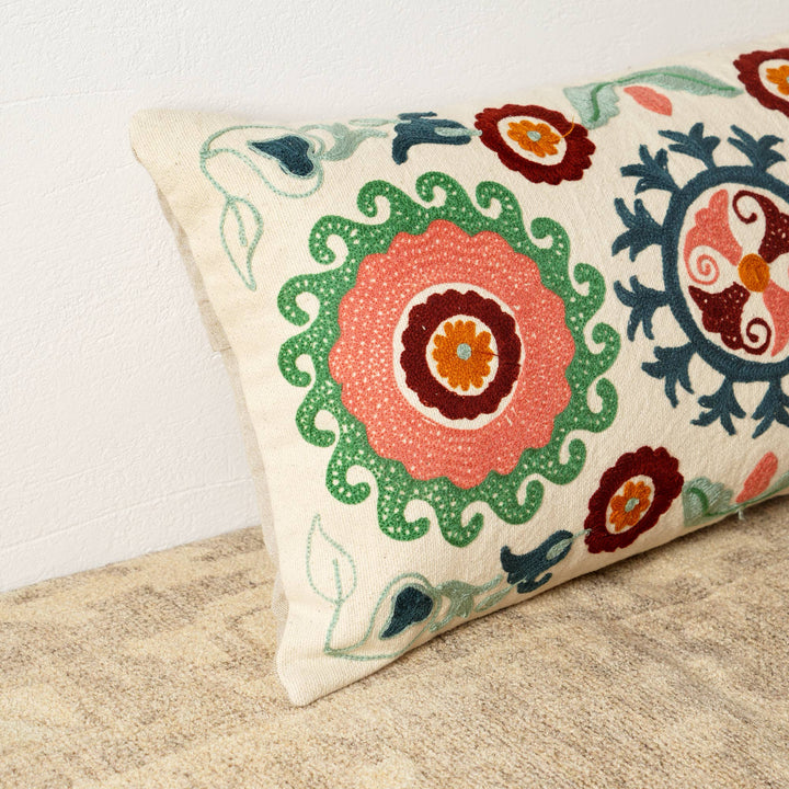 Suzani Embroidered Multicolor Lumbar Throw Pillow - 26" X 14"