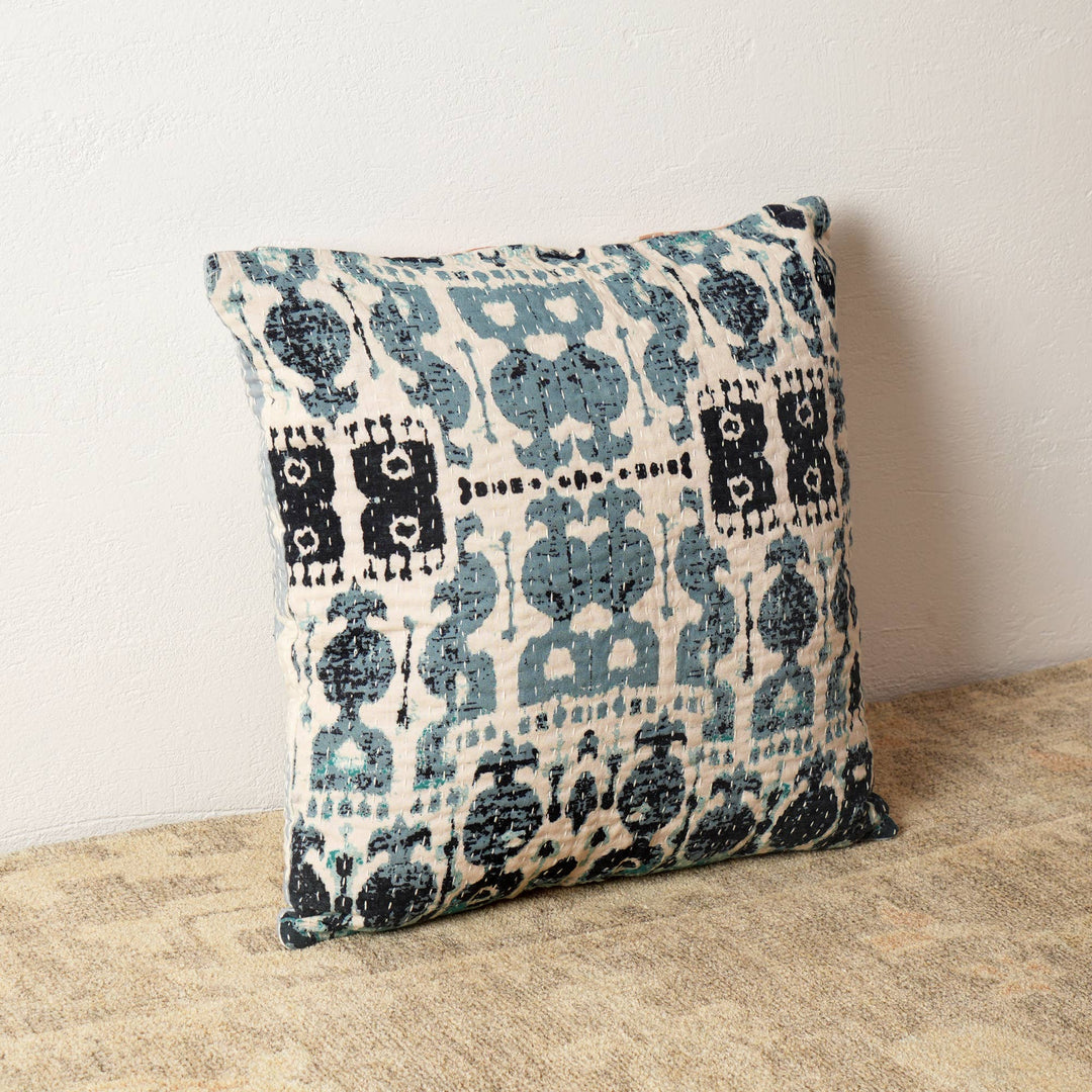 Dual Side Printed Throw Pillow with Kantha Embroidery - 18"X18"