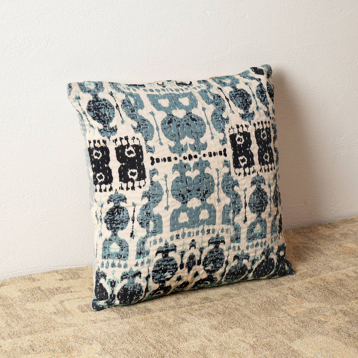 Dual Side Printed Throw Pillow with Kantha Embroidery - 18"X18"