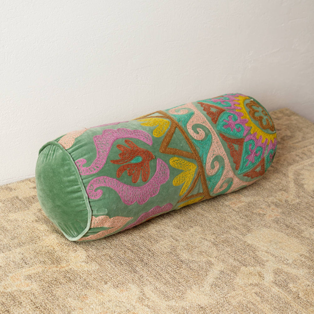 Decorative Suzani Embroidered Bolster Pillow - 21" X 8"