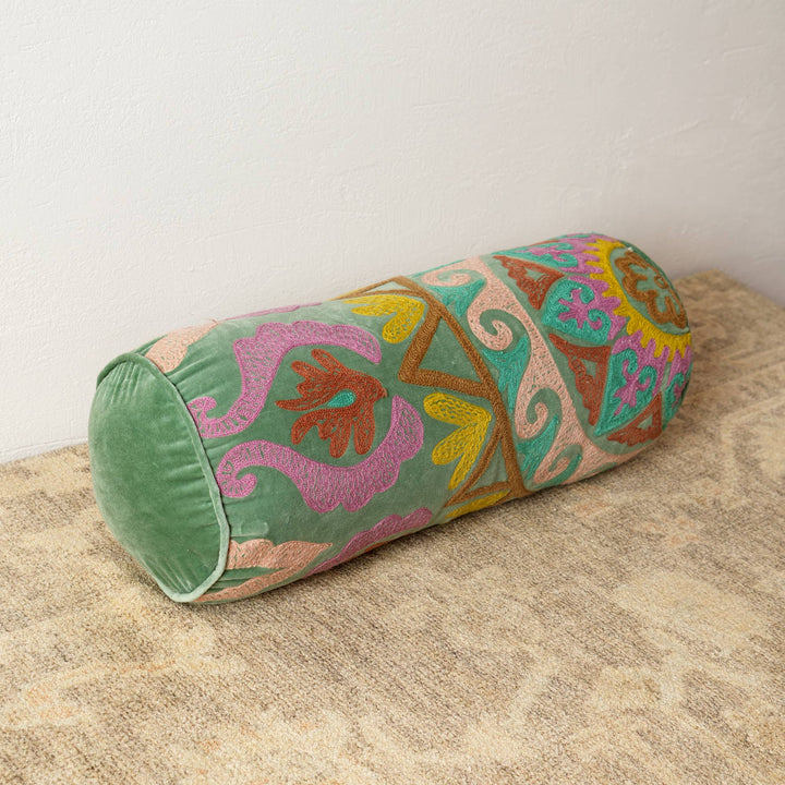 Decorative Suzani Embroidered Bolster Pillow - 21" X 8"