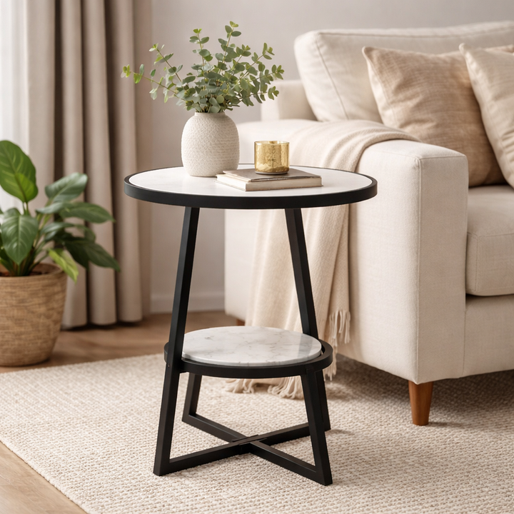 End Table | White Marble Top Side Table | Black Metal Frame | Modern Living Room Decor