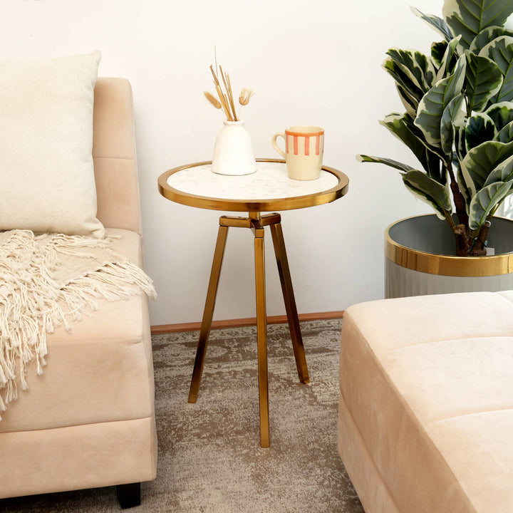 Round Marble Top Side Table | Gold Metal Frame | End Table | Accent Furniture