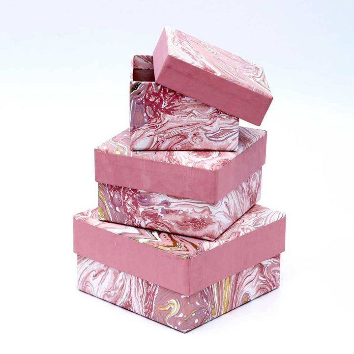 Square Box / Set Of 3 Pcs / Pink - Recycled Cotton Paper / 6.5 X 6.5 X 3.5 Inches (L X W X H) / Moq - 2 Sets