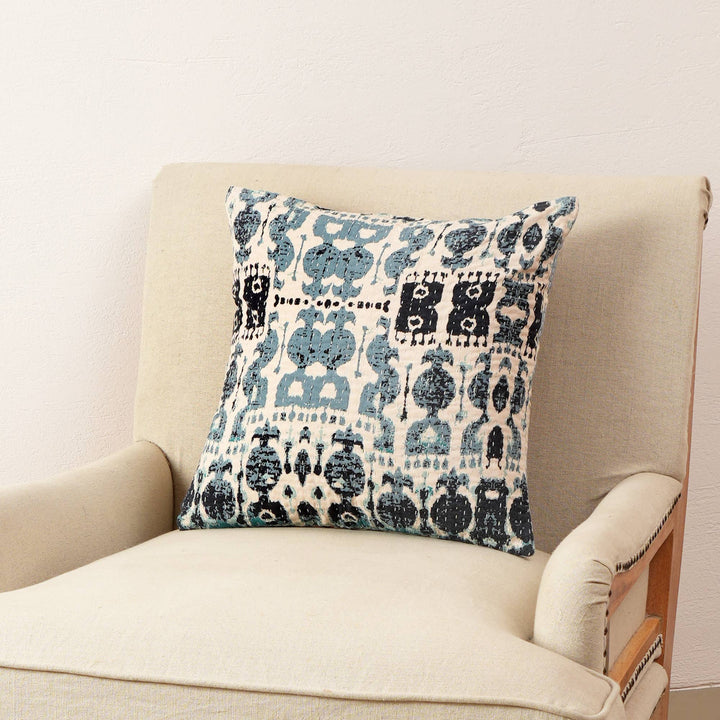 Dual Side Printed Throw Pillow with Kantha Embroidery - 18"X18"