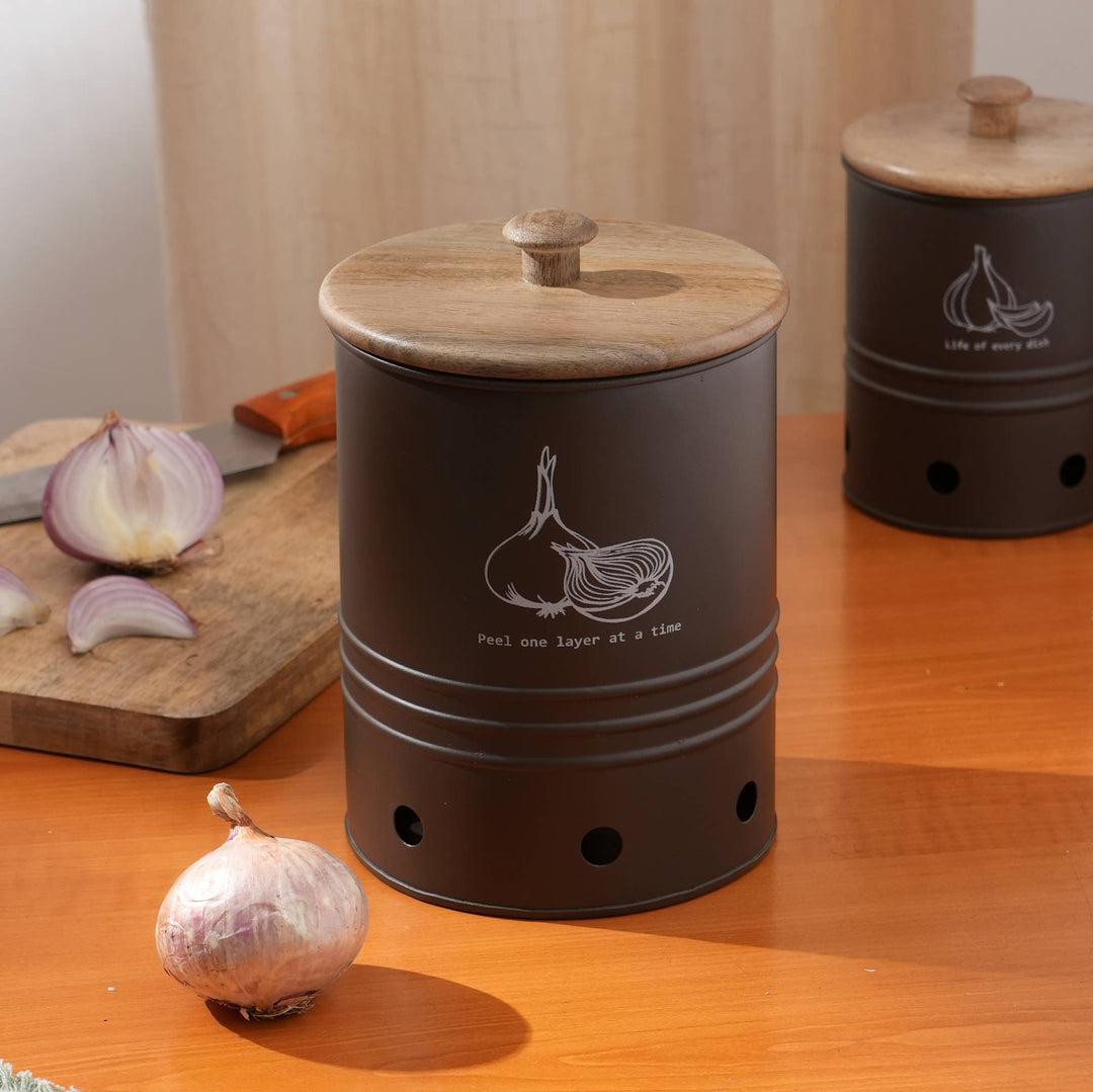 Egg Shell Metal Onion Storage Bin With Wooden Lid