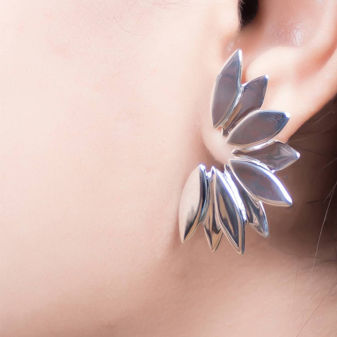 Fan Flower Stud Earrings / Silver - Brass / 1 X 1.5 Inches (L X W) / Moq - 4 Pairs