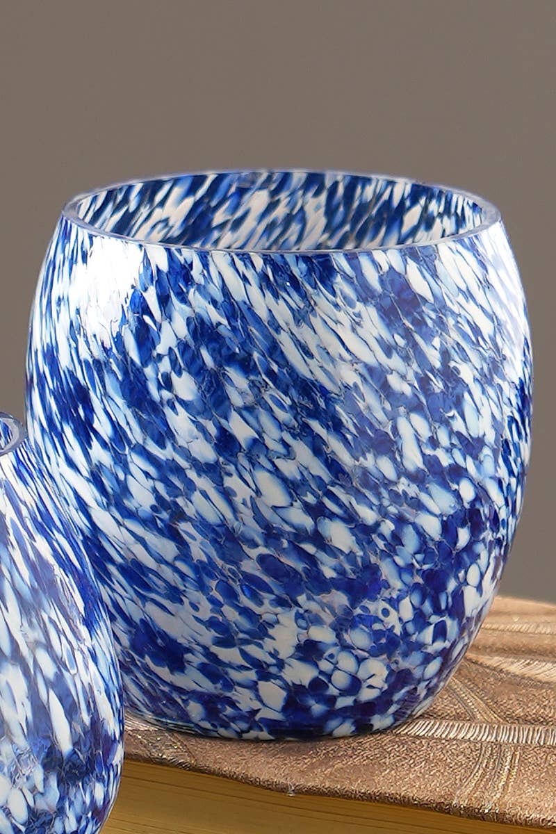 WHITE & BLUE SPLUTTER GLASS OVAL VOTIVE