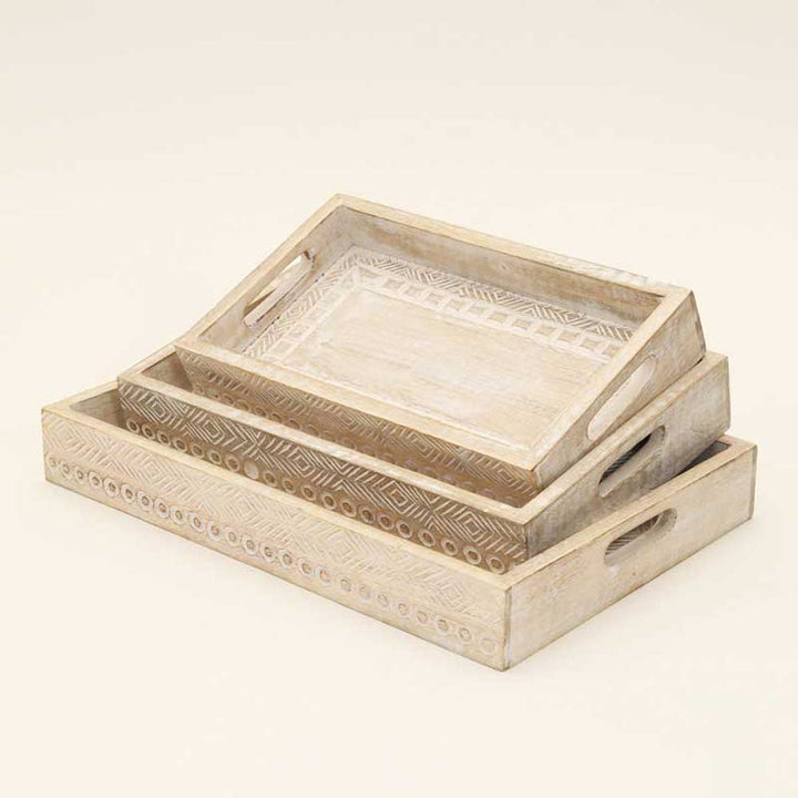 Wooden Tray (Nested) / Set Of 3 Pcs / Distress White - Mango Wood / (Available Sizes 18'' 16'' 14'') / Moq - 1 Set