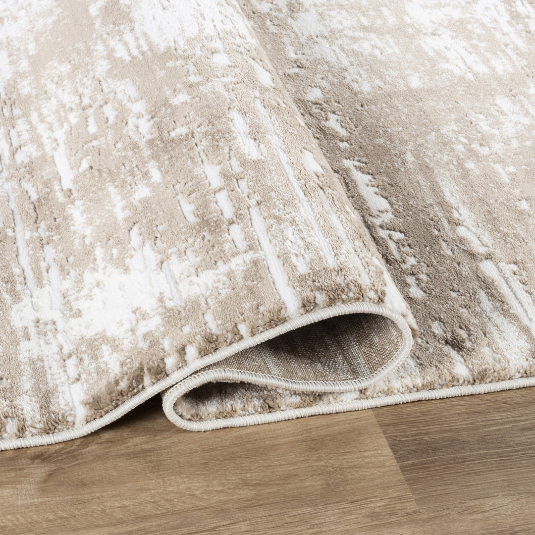 Troy Abstract Modern Area Rug, Soft Polyester Cut Pile Carpet, Neutral Beige & Ivory Distressed Design, 0.39" Pile Height, Living Room, Bedroom & Dining Room Rug