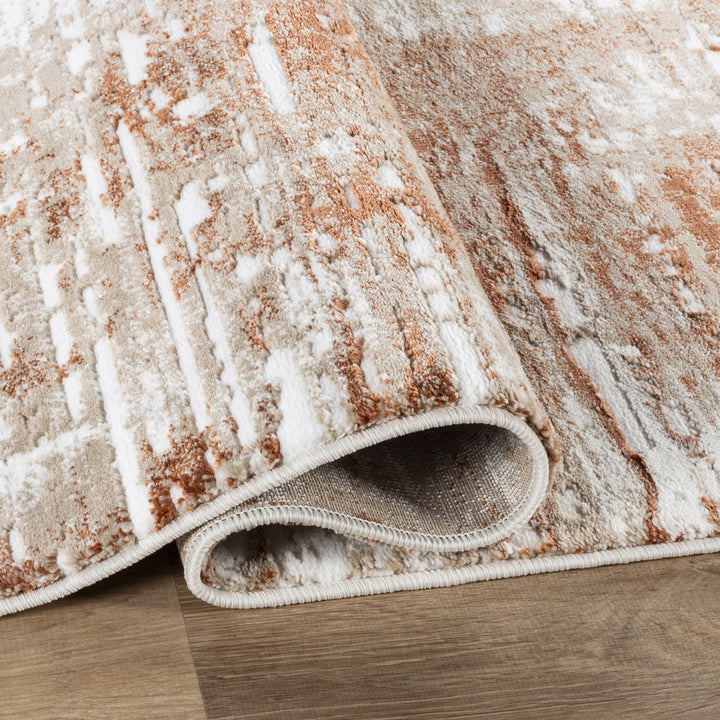 Troy Abstract Modern Area Rug, Soft Polyester Cut Pile Carpet, Neutral Beige & Ivory Distressed Design, 0.39" Pile Height, Living Room, Bedroom & Dining Room Rug