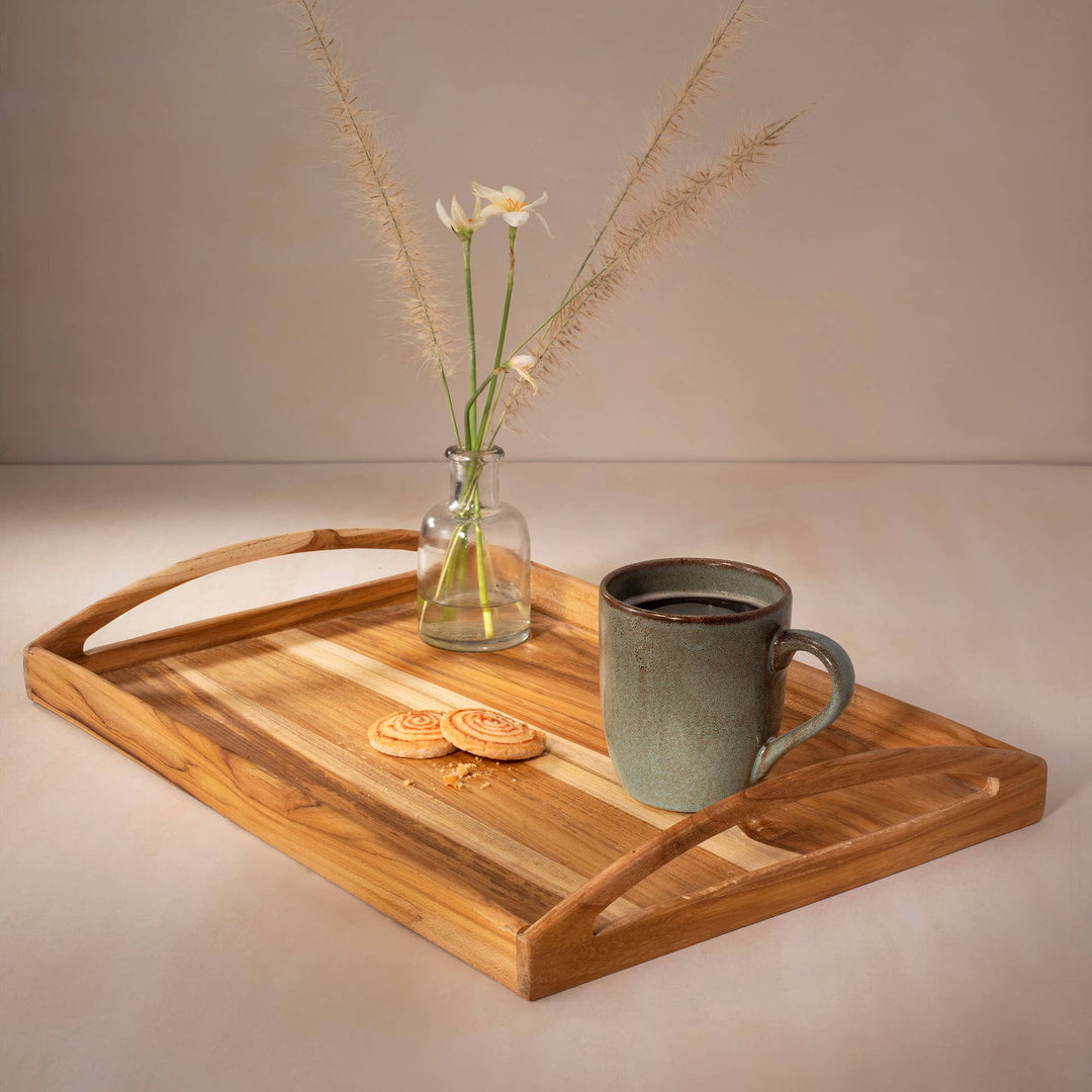 Teak Wood Tray / Natural Wood / 18 X 12.25 X 2.5 Inches (L X W X H) / Moq - 4 Pcs