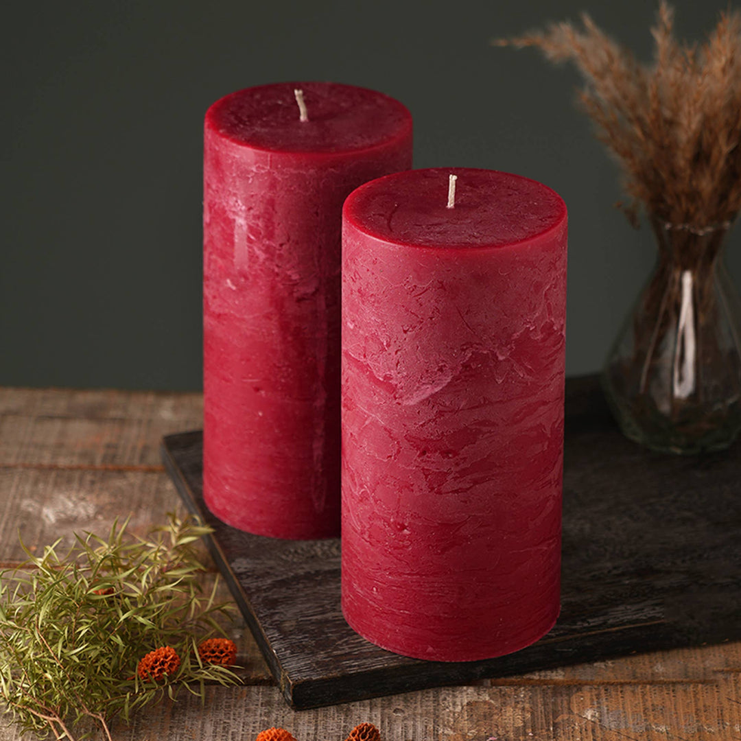 Set of 2 Rustic Pillar Candle Red