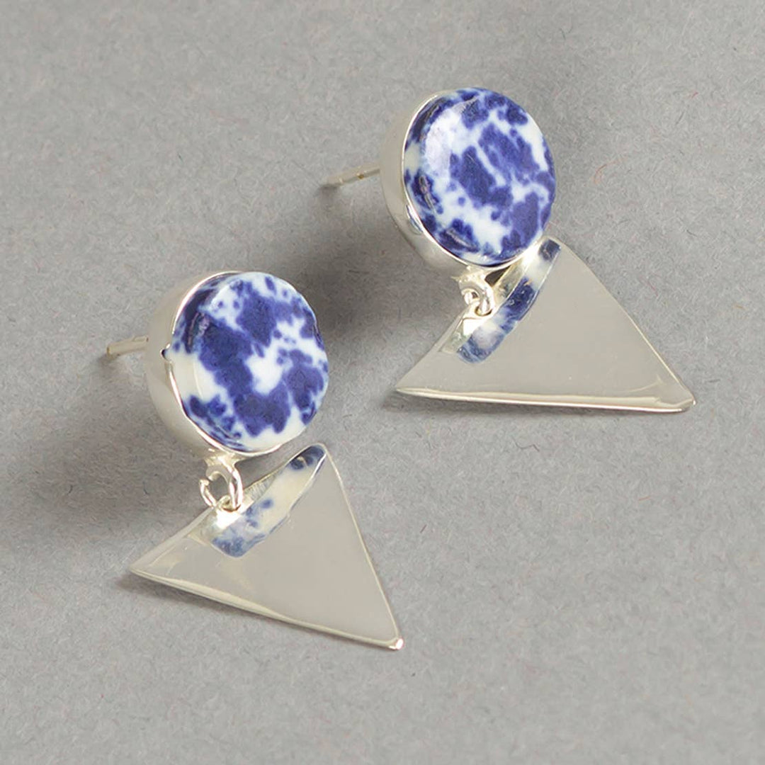 Oceanic Ceramic Stud Earrings / Silver & Blue - Brass / 1.25 X 0.5 Inches (L X W) / Moq - 4 Pairs