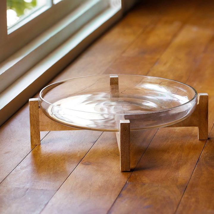 Clear Glass Bowl With Wooden Stand / Transparent / 13.5 X 13.5 X 4 Inches (L X W X H) / Moq - 4 Pcs