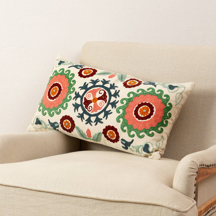 Suzani Embroidered Multicolor Lumbar Throw Pillow - 26" X 14"