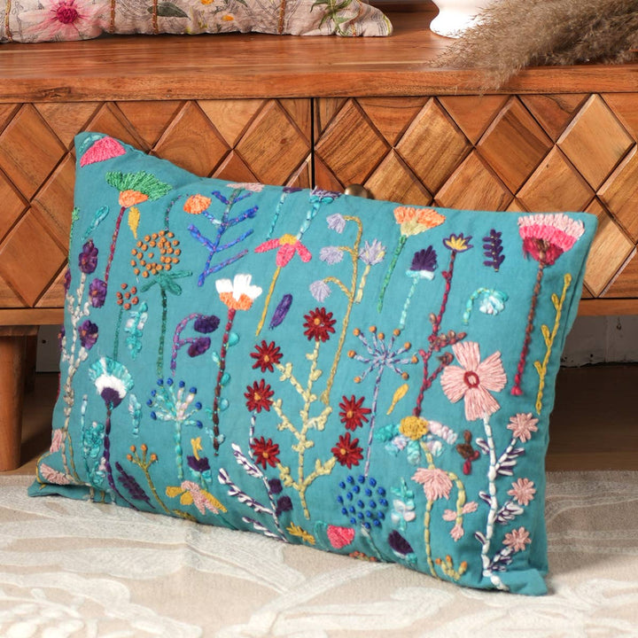 Cotton Embroidered Cushion (Teal Blue)