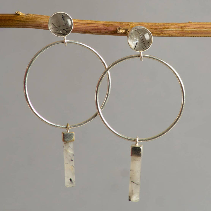 Pendulum Rutile Dangle Earrings / Silver White & Black - Brass & Semi Precious Stone / L-3W-1.5 Inches / Moq - 4 Pairs