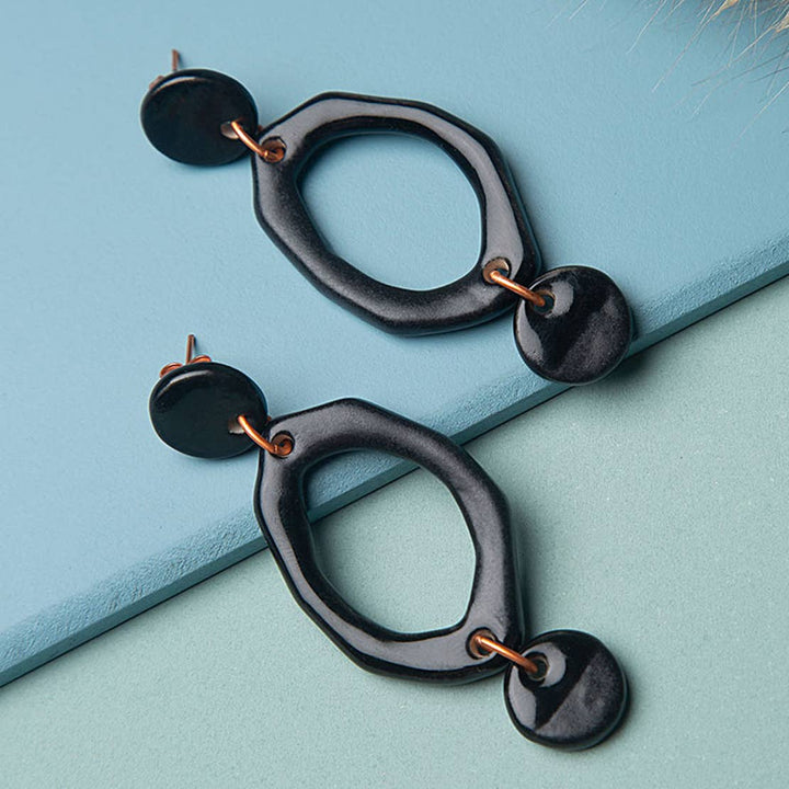 Nightfall Ceramic Dangle Earrings / Rose Gold & Black - Brass / L-2.6W-1.25 Inches (L X W) / Moq - 4 Pairs