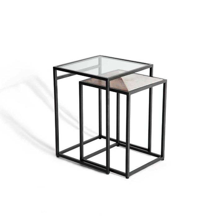 Nesting Table with Glass Top & Metal Legs, Small one is Wood