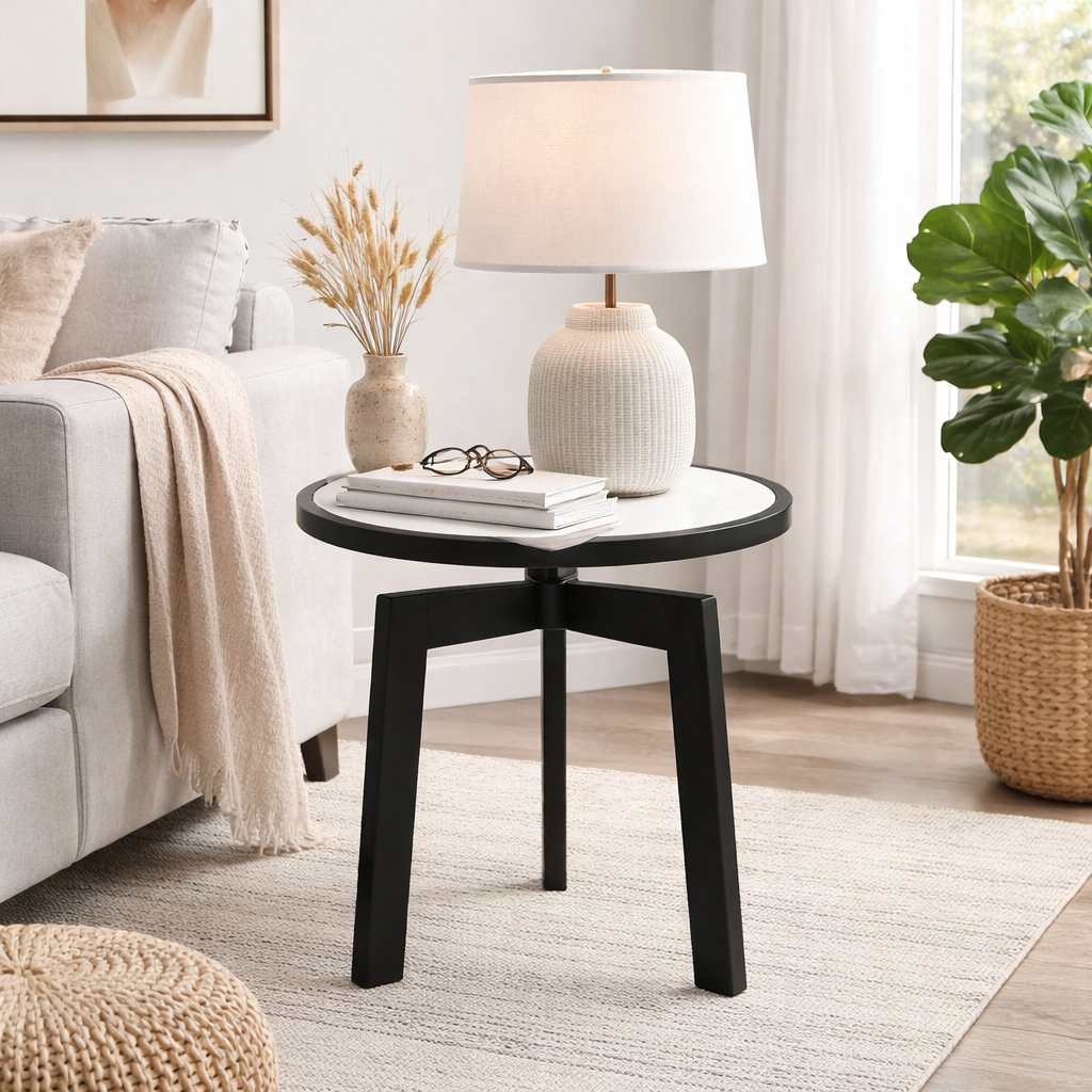 Marble Side Table | Round End Table | Black Metal Frame | Modern Living Room Accent