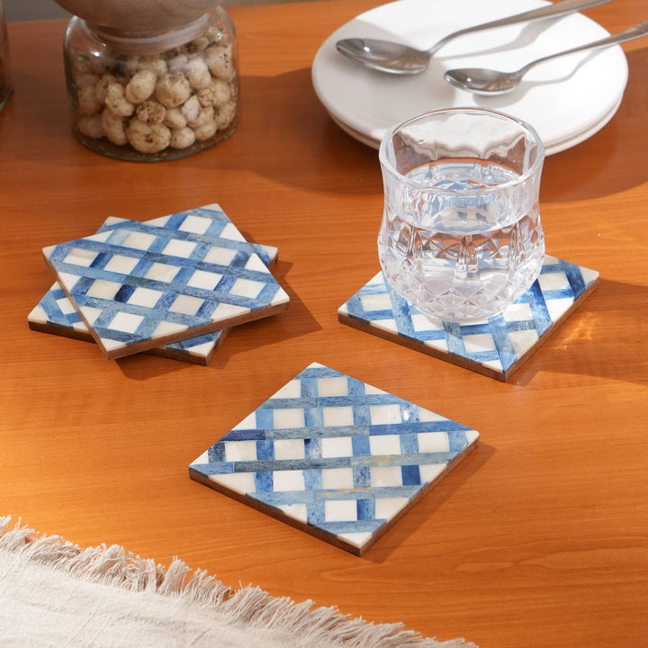 White/Blue Dyed Bone Inlaid Square Coaster Set - 4"x4", Set of 4