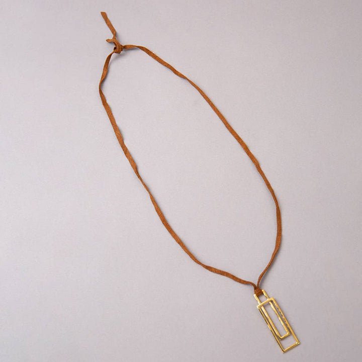 Boxed In Brass Necklace / Gold & Brown - Brass & Leather / L-16.25P(L-2.5W-0.60) Inches / Moq - 4 Pcs