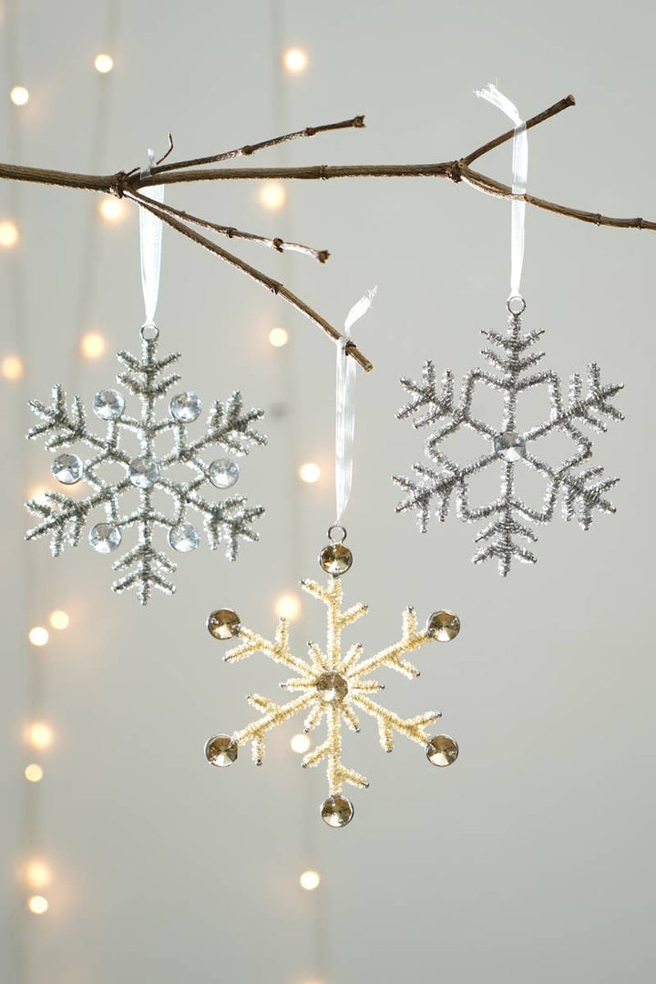 Set / 3 Hanging Snowflake Ornaments Silver / Gold