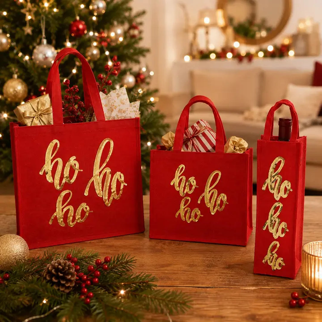 Christmas Gift Bag | Laminated Jute Bag with Sequins Design | Red
