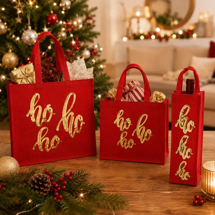Christmas Gift Bag | Laminated Jute Bag with Sequins Design | Red