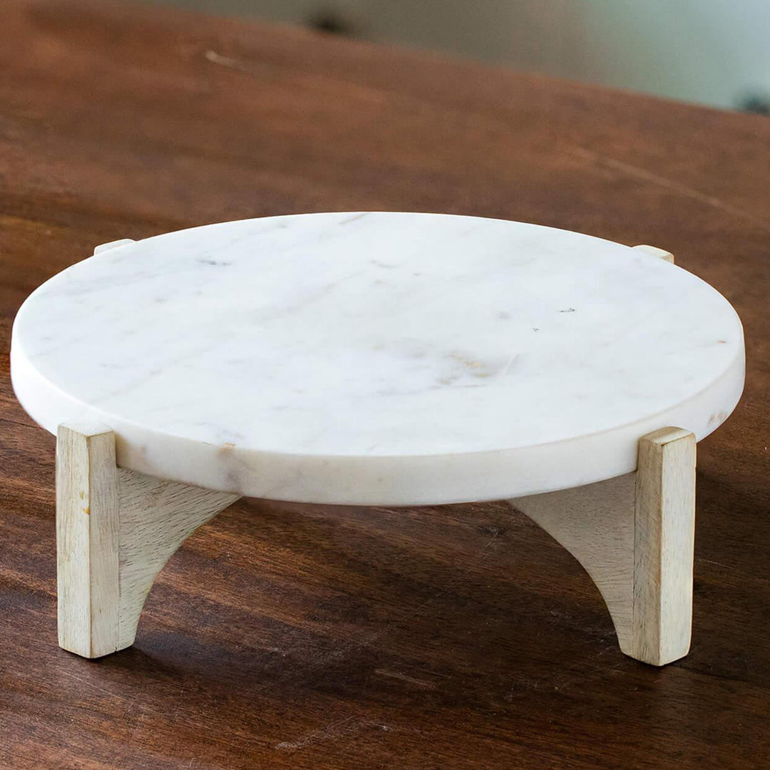 White Marble Cake Stand With Wooden Base