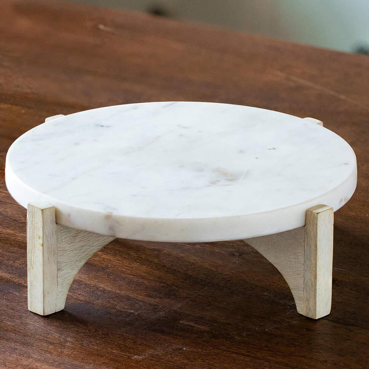 White Marble Cake Stand With Wooden Base