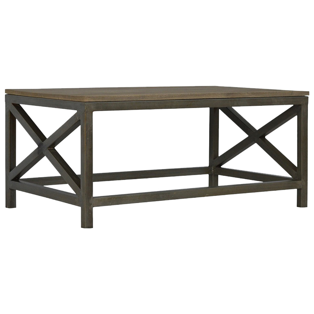 Industrial Cross Metal Coffee Table, Brown and Black