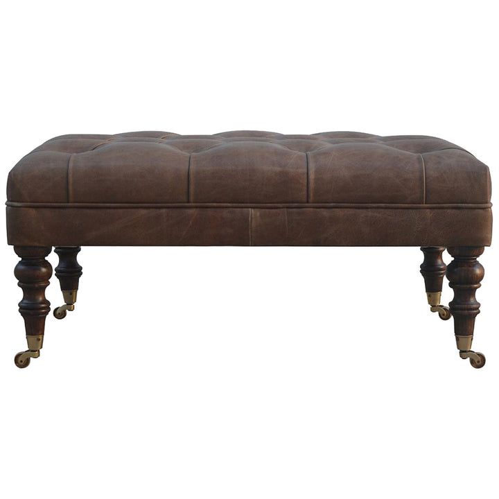 Solid Wood Buffalo Leather Upholstered Ottoman, Dark Brown